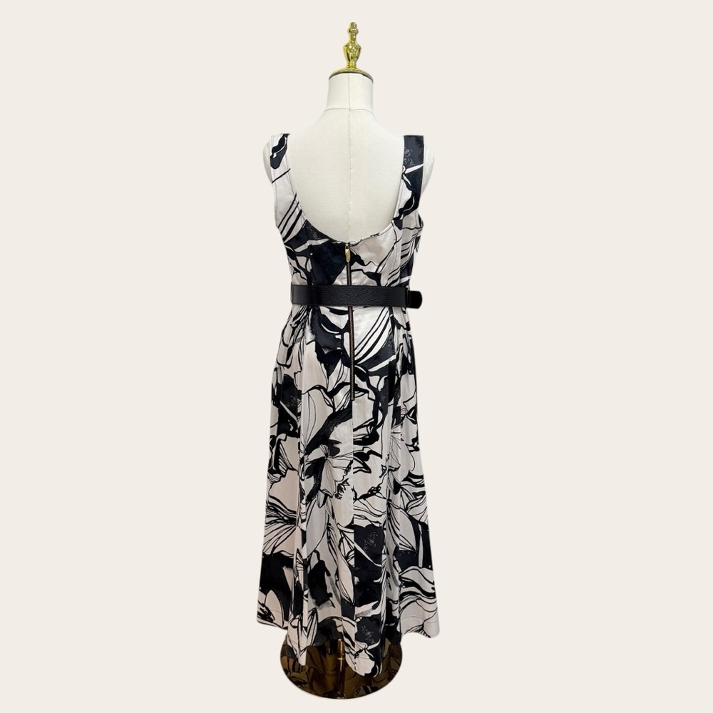 Donna Karan Floral Square Neck Belted Sateen Cotton Midi Dress Black/Pristine - Picture 10 of 16